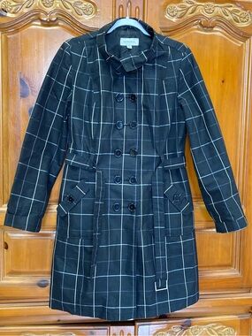 Merona Black Windowpane Plaid Belted Trench Coat Women’s Medium